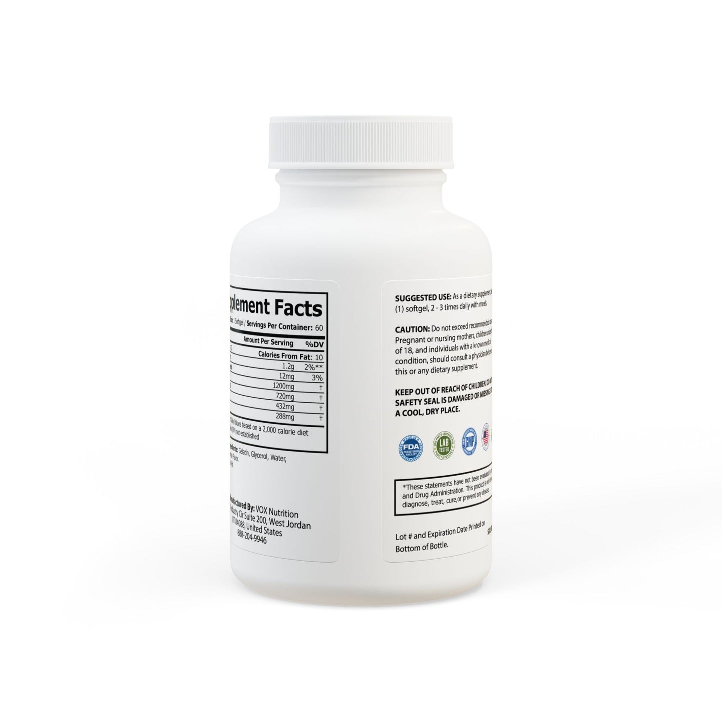 Supplement bottle with label on a white background