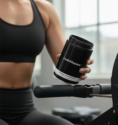 Person holding a 'LooksMaxxer' supplement container in a gym setting
