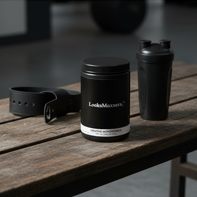 Black container with 'LooksMaxxers' branding on a wooden surface, accompanied by a black shaker and belt.