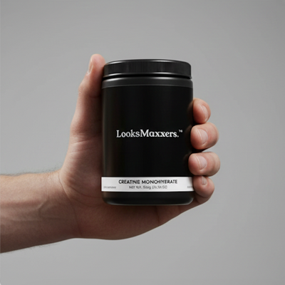 Hand holding a black container labeled 'LooksMaxxers' against a gray background