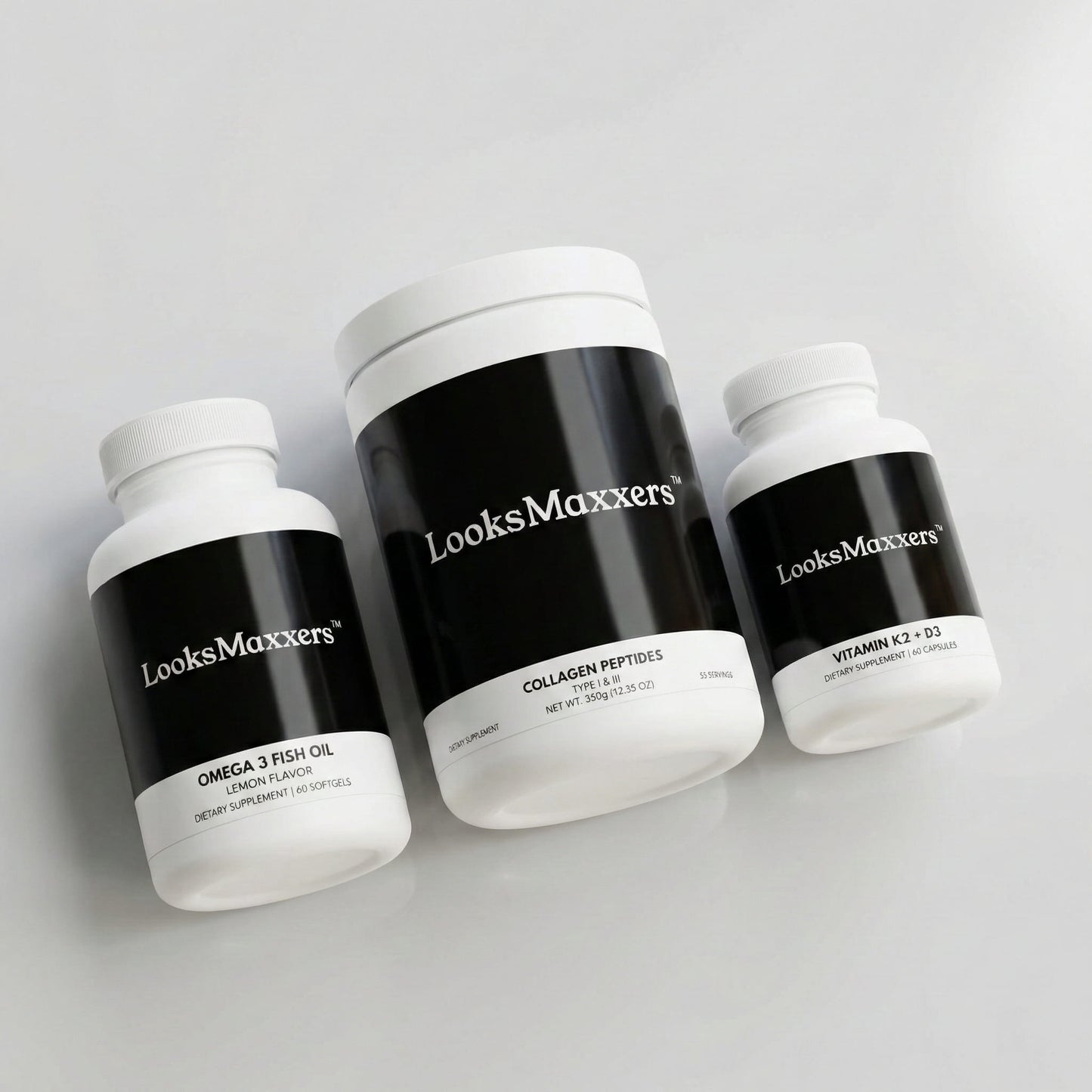 Three supplement bottles labeled 'LooksMaxxers' on a light gray background