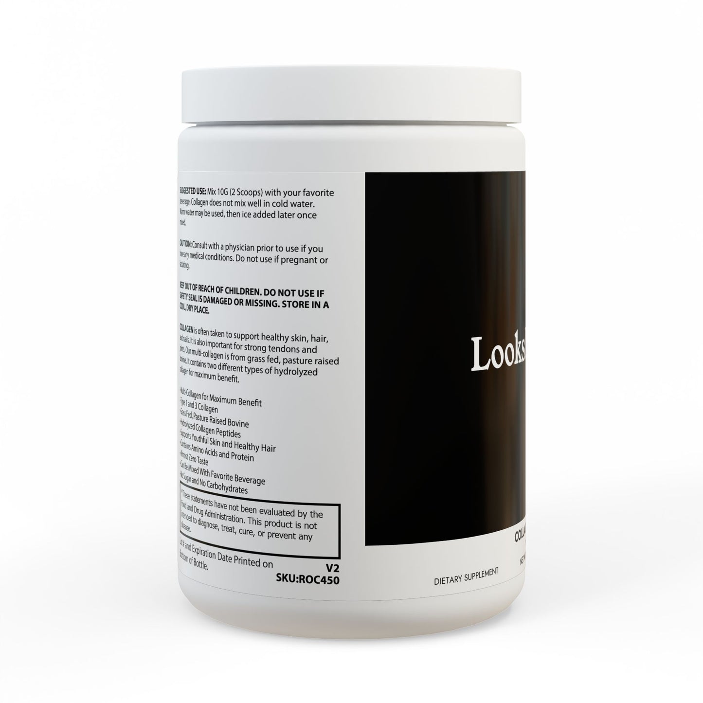 Supplement container with a black label on a white background