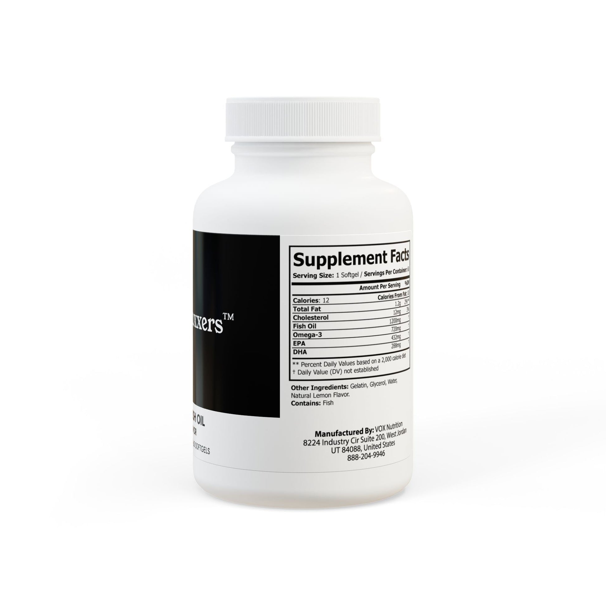 Supplement bottle with a white label on a white background