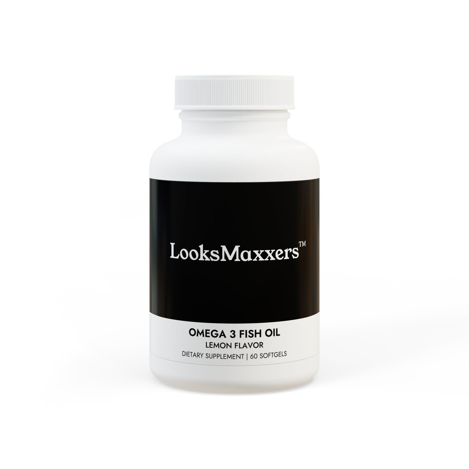 Bottle of LooksMaxxers Omega 3 Fish Oil on a white background