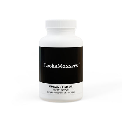Bottle of LooksMaxxers Omega 3 Fish Oil on a white background