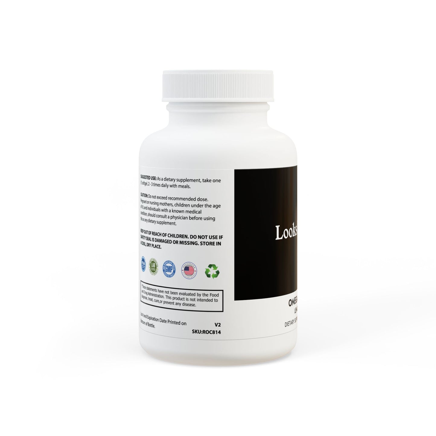 White supplement bottle with black label on a white background