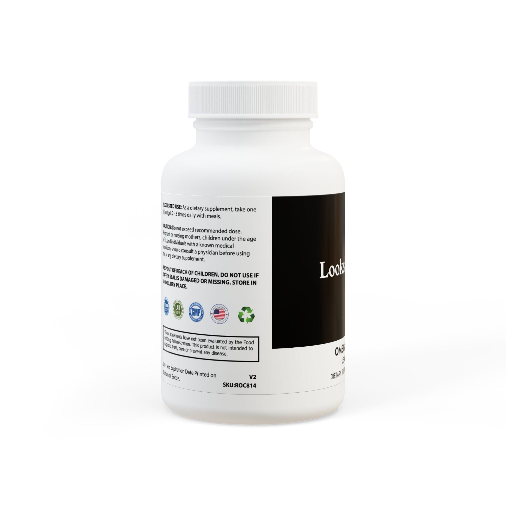 White supplement bottle with black label on a white background