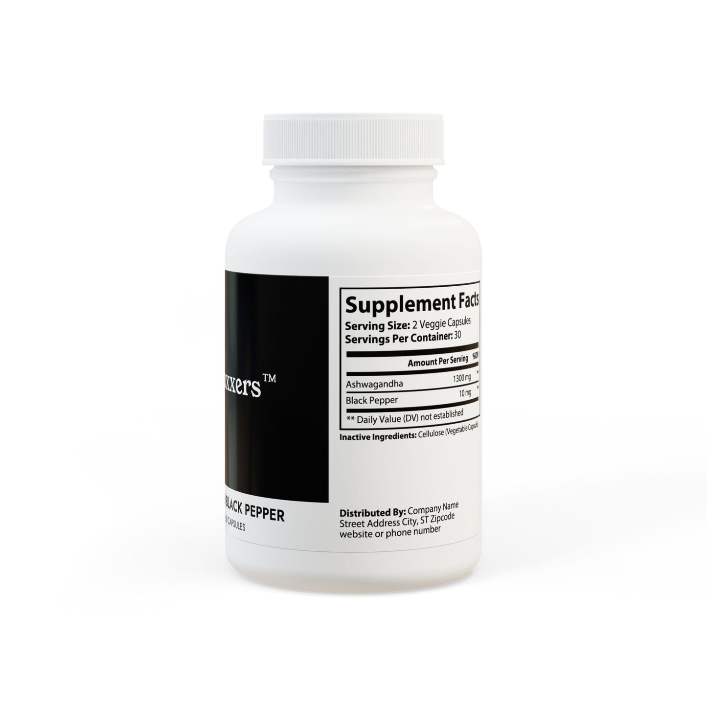 White supplement bottle with black label on a white background