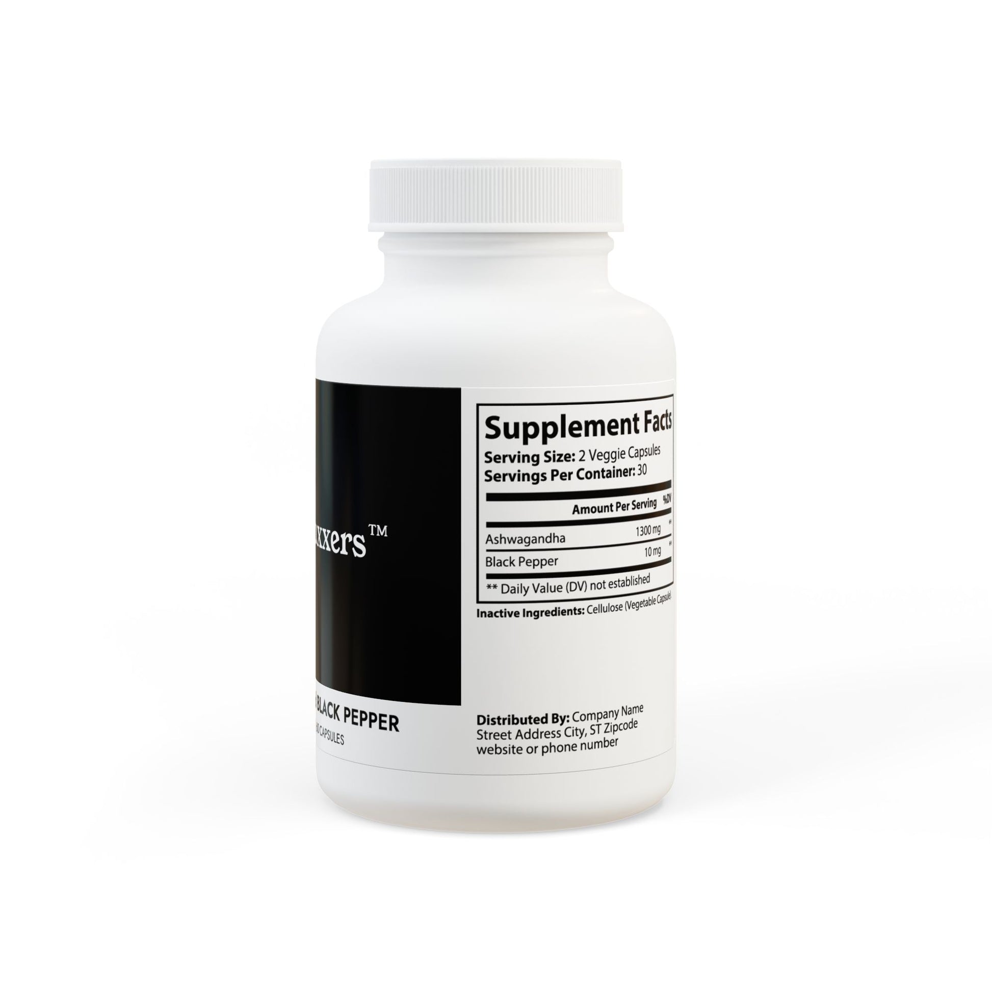 White supplement bottle with black label on a white background