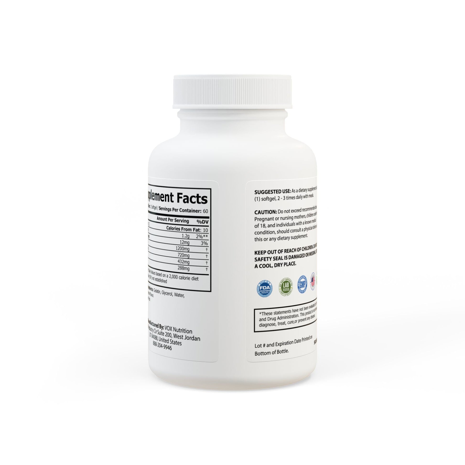 Supplement bottle with label on a white background