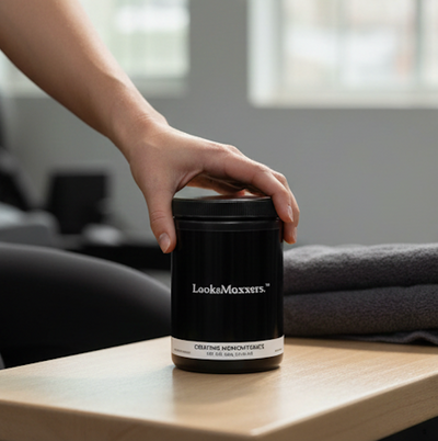 Person holding a black container with 'LooksMaxxers' branding on a wooden surface.