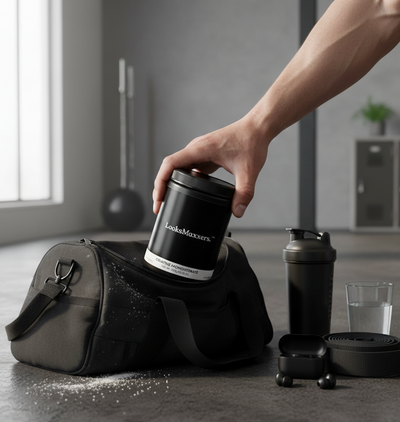 Person holding a protein powder container labeled 'LooksMaxmers' over a gym bag with workout equipment in the background.