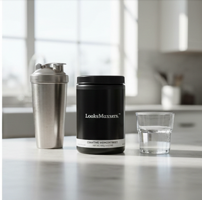 Black container labeled 'LooksMaxsters' on a kitchen counter with a shaker and glass of water.