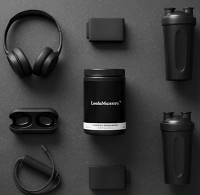 Collection of black electronic and fitness products on a dark gray background