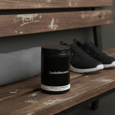 Black container labeled 'LooksMaximizer' on a wooden surface with shoes in the background