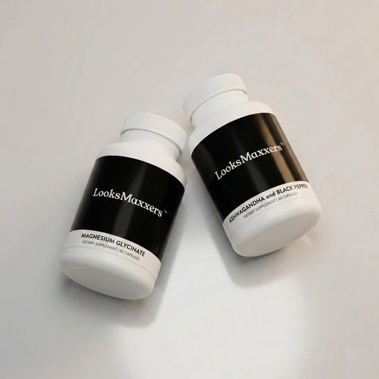 Two 'LooksMaxxers' supplement bottles on a light gray background
