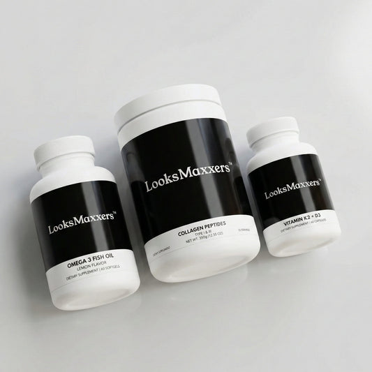 Three supplement bottles labeled 'LooksMaxxers' on a light gray background